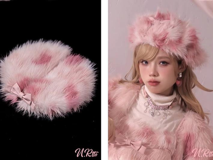 Urtto~Snow Song~Sweet Lolita Coat Pink Faux Fur Dress Set S hat 