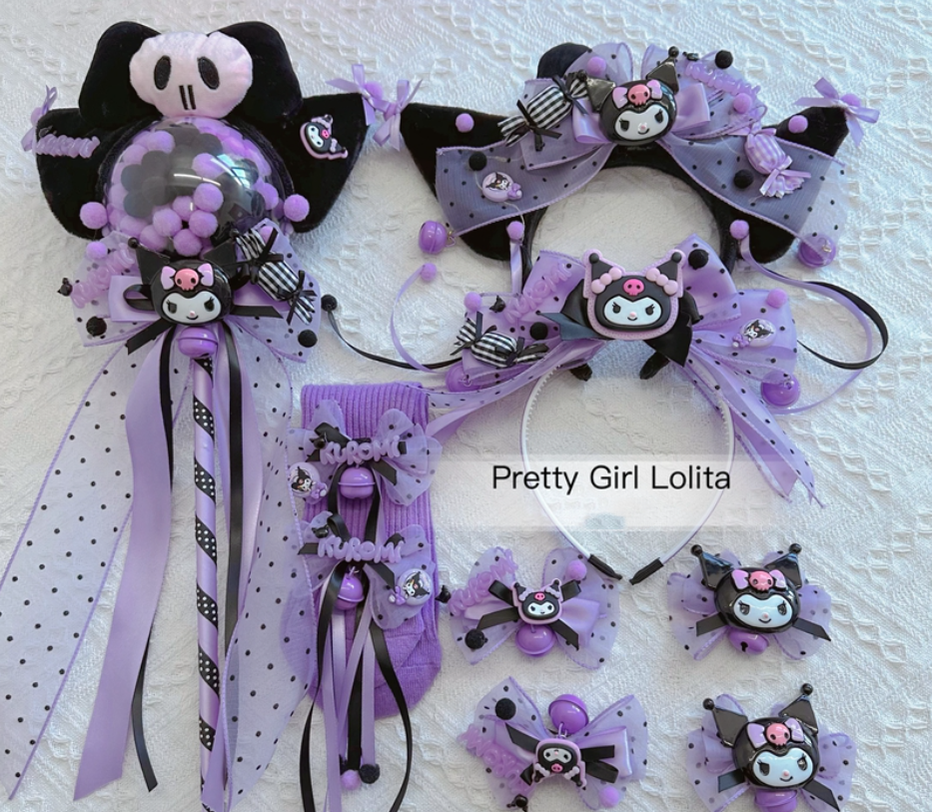 Pretty Girl Lolita~Purple Black Cartoon Kulomi~Kid Lolita Accessory Clips and Cane   