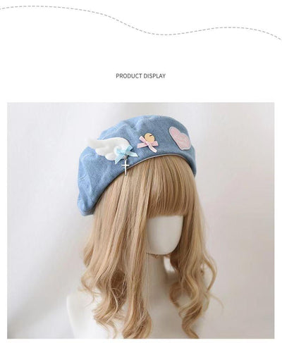 Xiaogui~Kawaii Lolita Beret Wings Denim Fabric Y2K Lolita Hat   