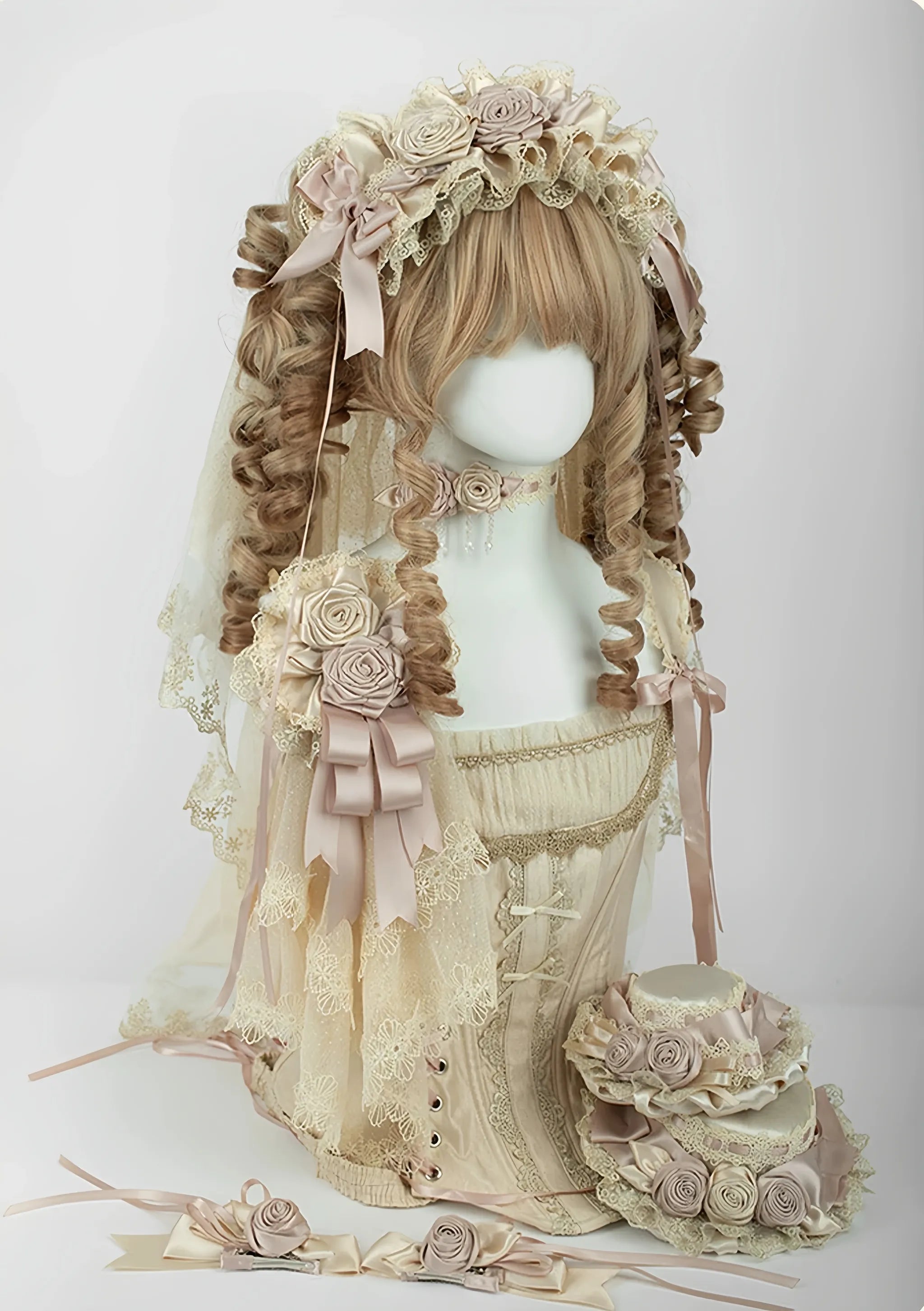 Champagne Classic Lolita Headdress and Choker, Floral Accent 45259:854949