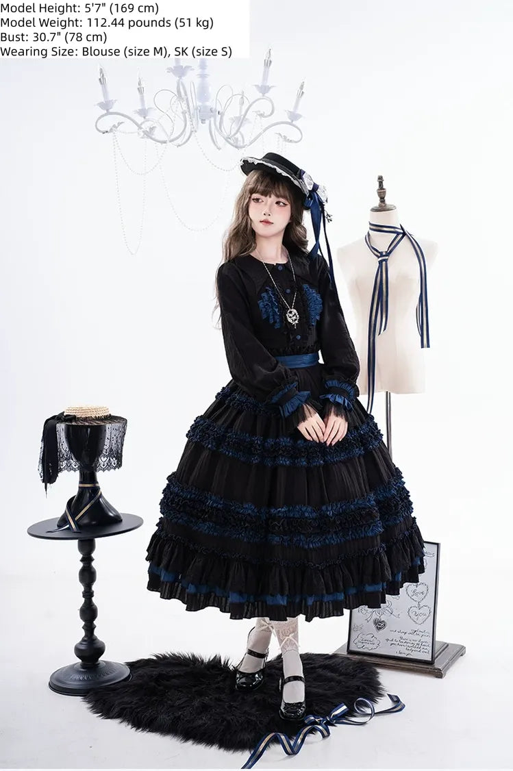 Wings and Bouquet - Dark Classic Lolita Blouse and SK Set, Layered Blue Ruffles 45680:858351