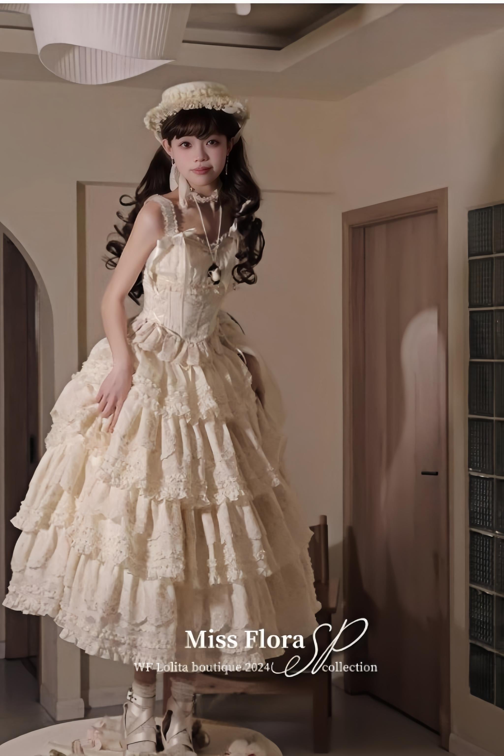 MEEKWIND - Miss Flora - Elegant Lolita Bodice Suit Tiered Skirt White S Strap Top + Skirt