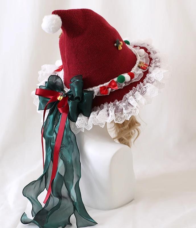 Xiaogui~Christmas Lolita Hat Bow Lace Plush Witch Hat Dark Red   