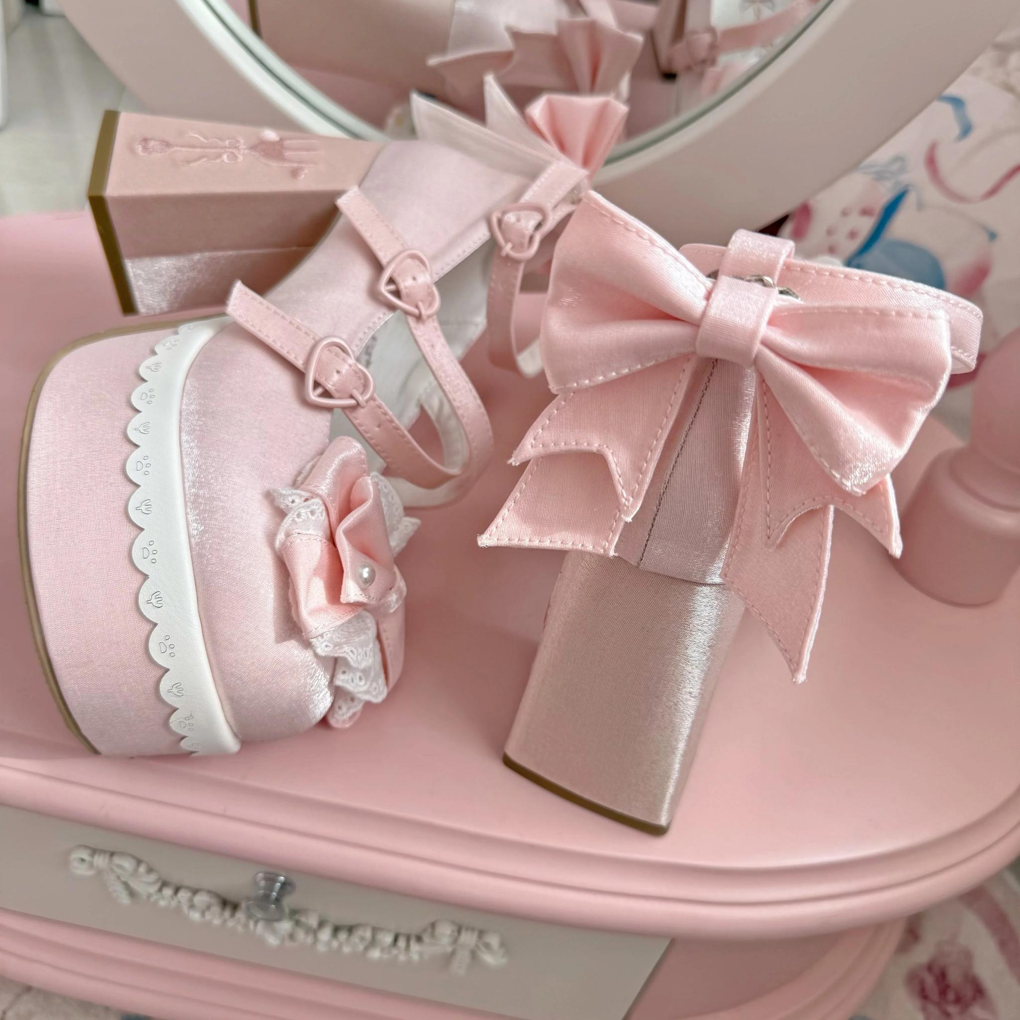 Tea Party Tale - Sweet Lolita Platform Heels, Bow Strap & Fork Embroidery 45905:867665
