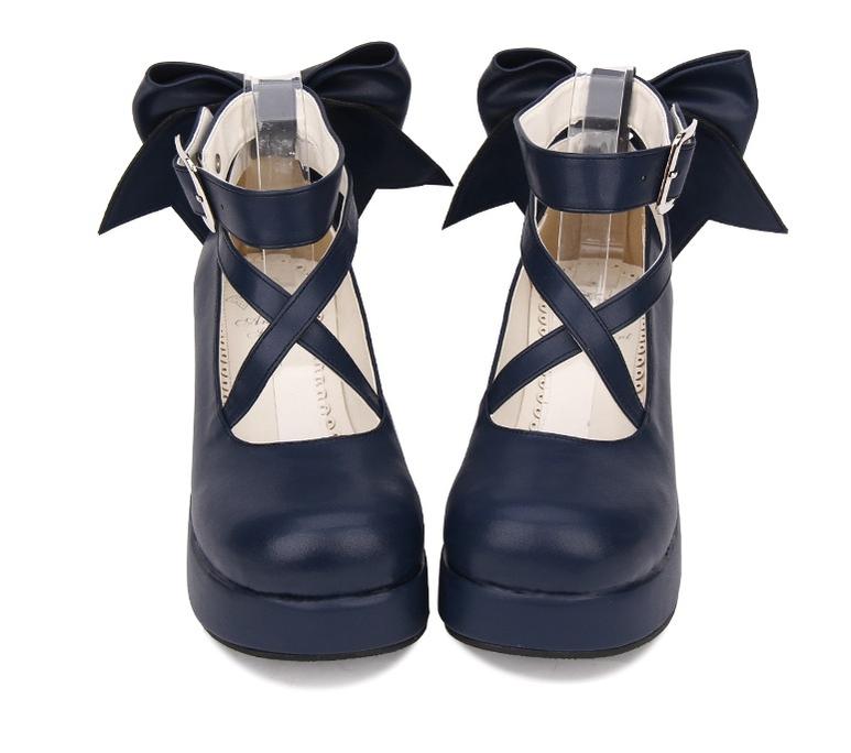 Angelic Imprint~Daily Lolita Leather Shoes Platform Medium Heel Big Bow Shoe 33 Navy Blue 