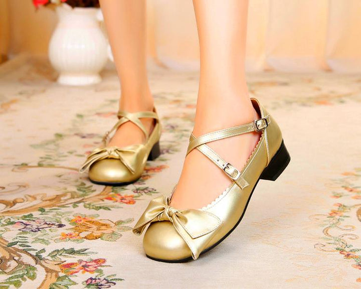 Sosic~Bow and Low Heel Cross Band Lolita Leather Shoes   