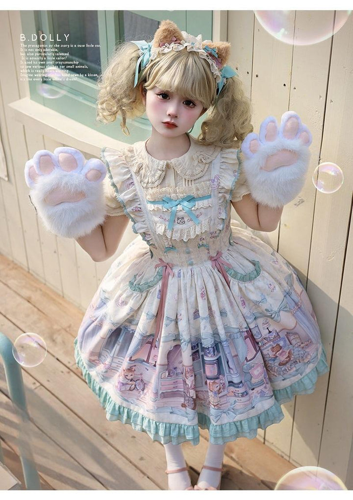 Baduoni~Dream Core Childhood~Kitty Printed Sweet Lolita JSK with Cute Headband