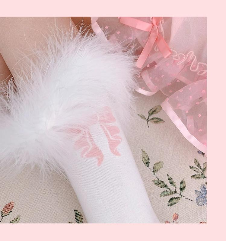 White Tea Dream~Cotton Lolita Calf Socks Knit Pink Bow Turkey Feather Socks   