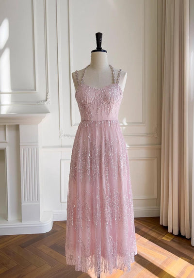 Anna~High-end Luxury Lolita JSK Pink Halter Neck Wedding Lolita Dress   