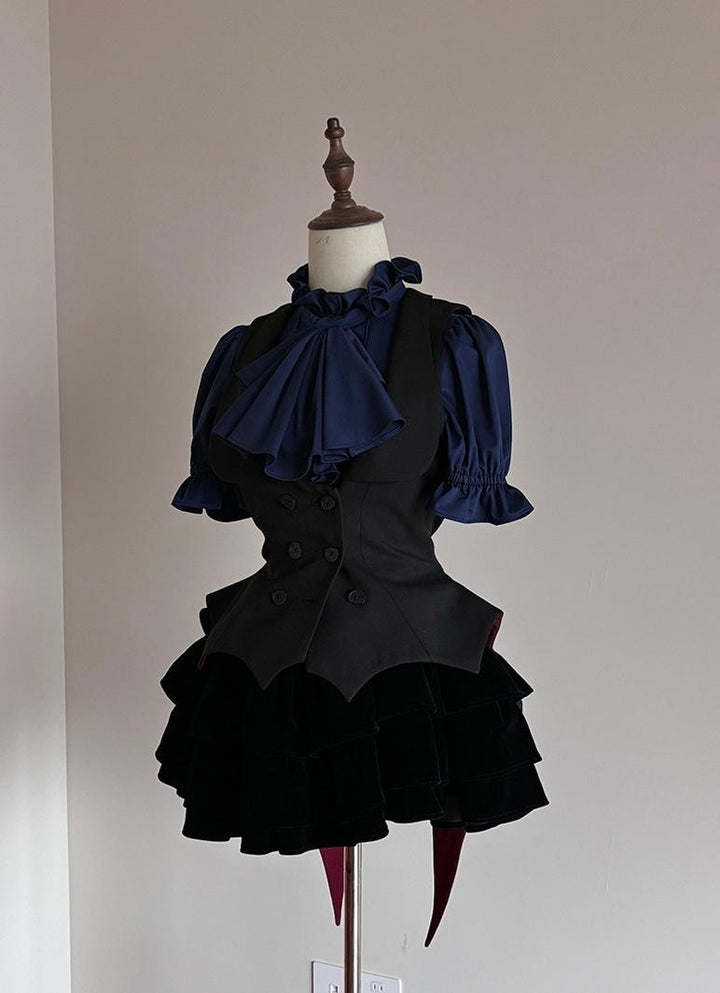 FlowerFairyDaily~Trace Night~Gothic Lolita Short-sleeved Shirt with Adjustable Waist