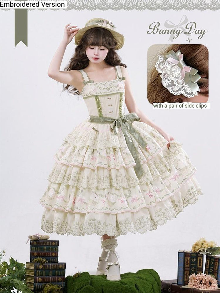 Mewroco~Daily Bunny~Classic Lolita JSK Dress with Bunny Prints Embroidered JSK + Side Clips (a pair) S