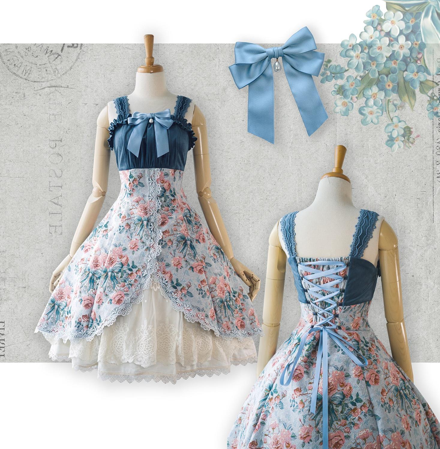 Devonshire Garden - Rose Jacquard JSK Dress, Mermaid Hem Misty Blue JSK (with bow brooch) S