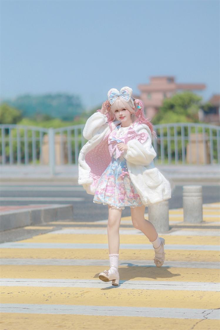 To Alice~Kawaii Lolita Fluffy Coat Bunny Ears Polka Dot Lining Overcoat   