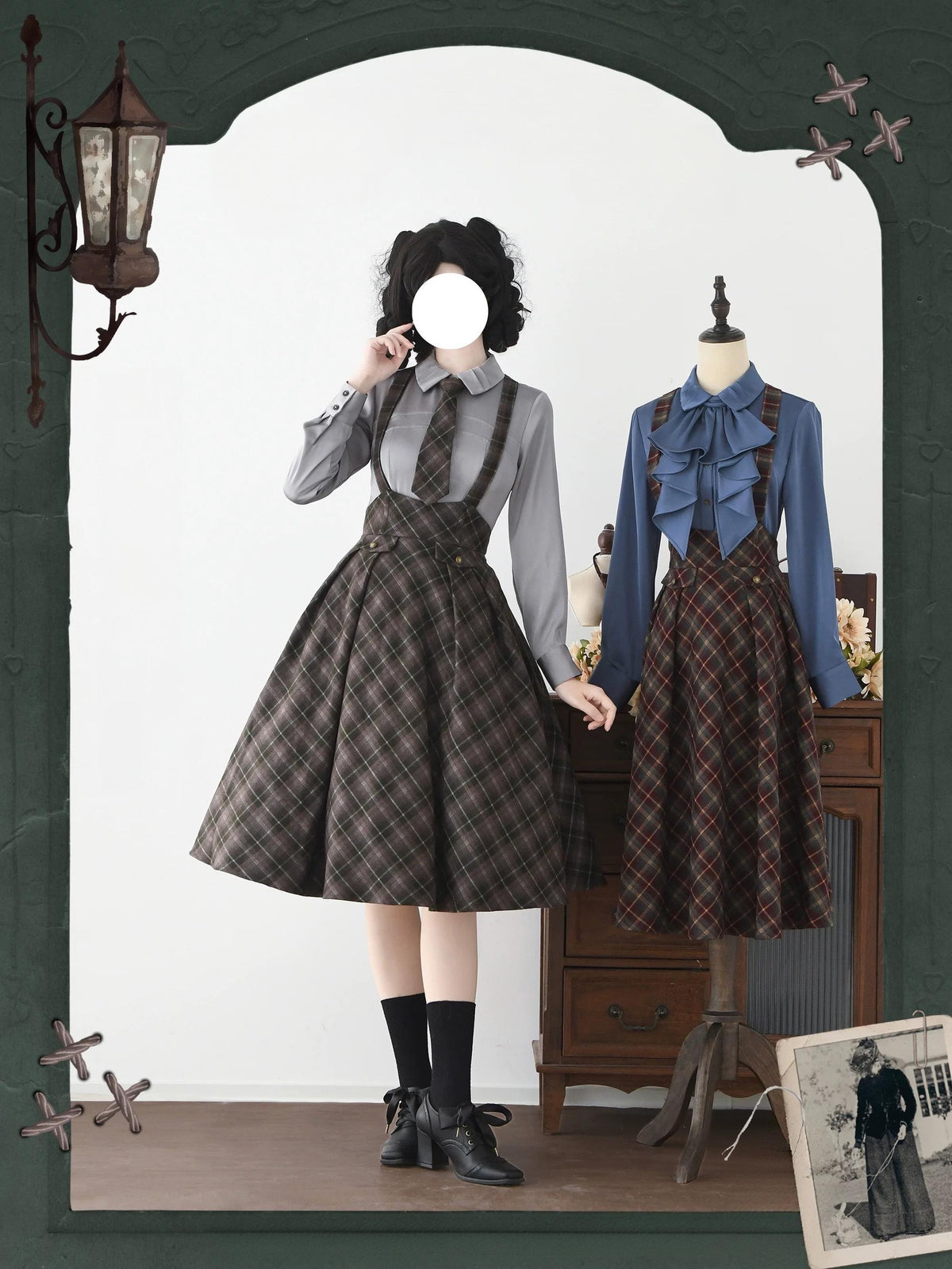 Forest Beats - Elegant Classic Lolita Suspenders Skirt, Plaid Pattern 46082:874470