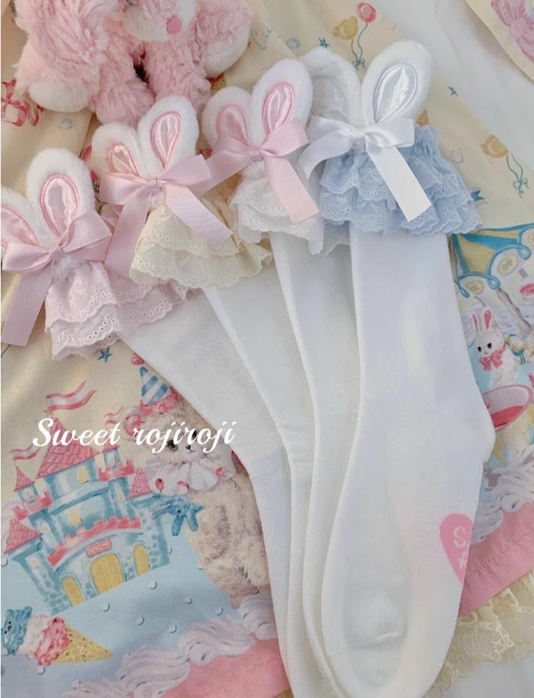 Roji roji~Cotton Lolita Bunny Ear Socks Summer Bow Short Socks