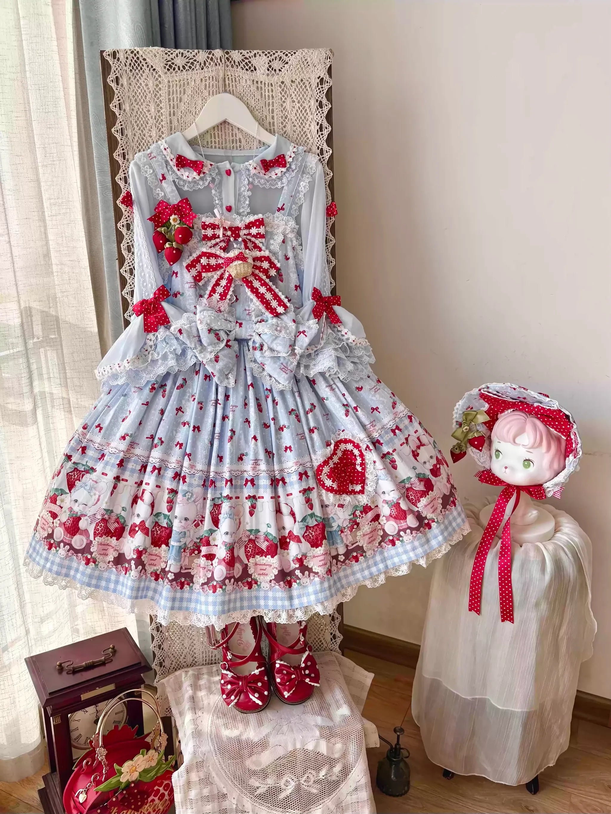 Strawberry Plaid Bunny - Printed Sweet Lolita JSK Dress, Hime Sleeve Blouse