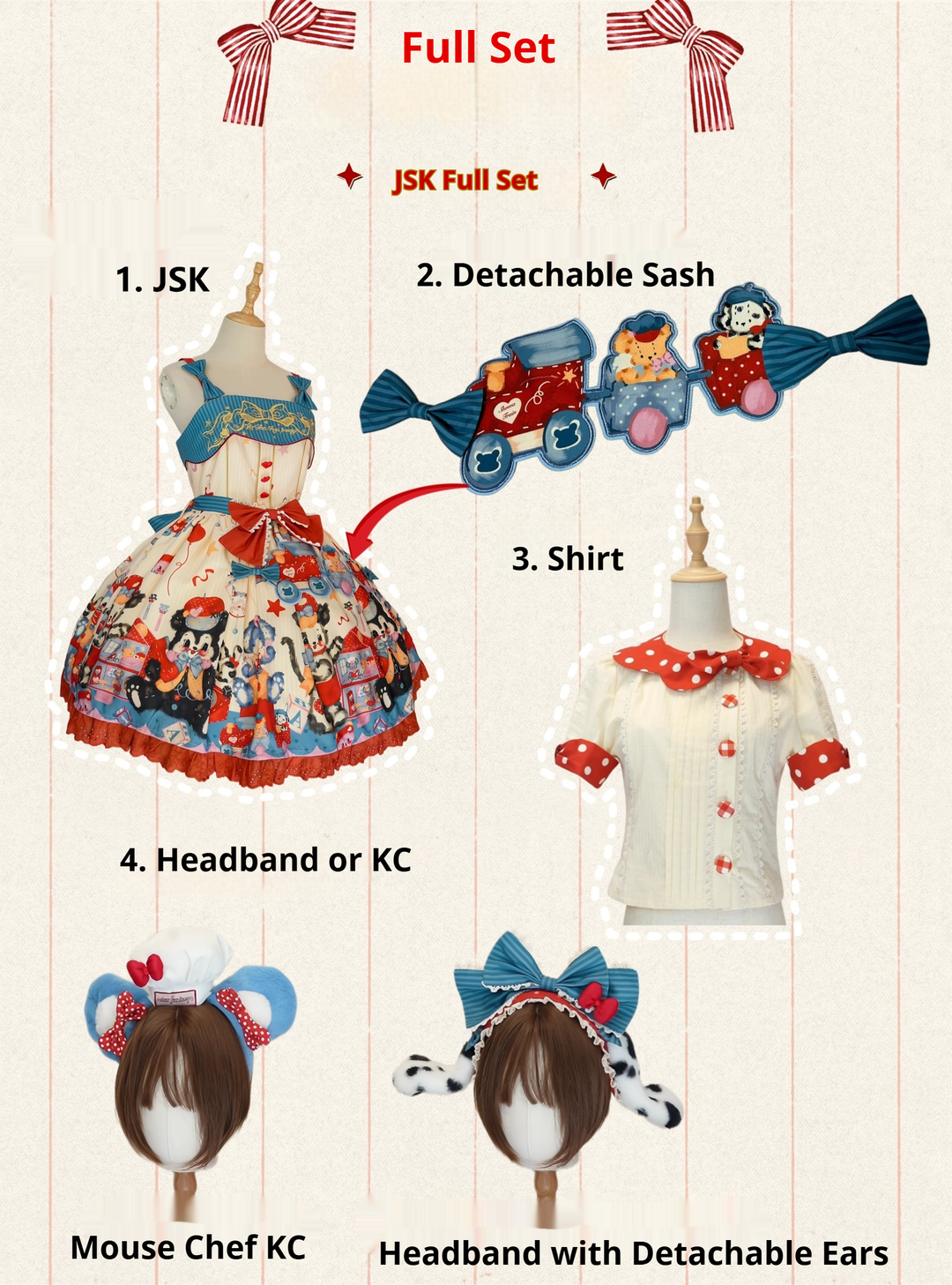 Star Fantasy~The Dogs Party~Kawaii Lolita Dress Set with JSK Salopette and Shirt S Off-white - JSK KC Full Set (JSK+sash+KC)