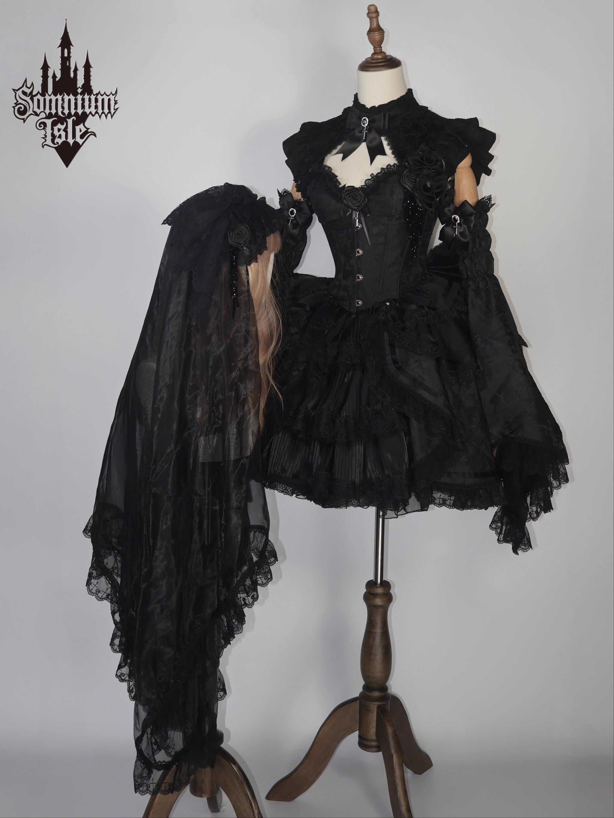 Dawn Sacrament - Striped Jacquard Gothic Lolita SK Dress, Boning Bodice Black 8-Piece Full Set - Short XS