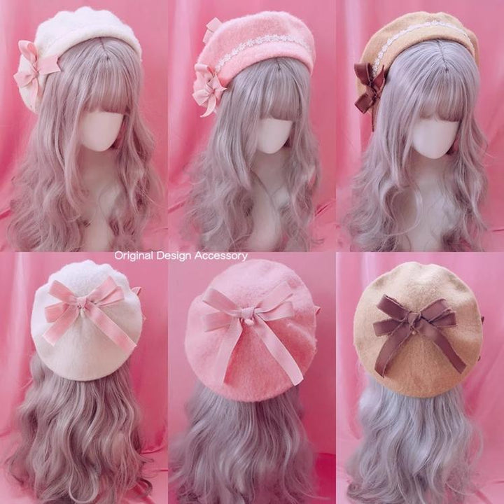FanMengJia~Sweet Lolita Beret Woolen Bow Lolita Hat   