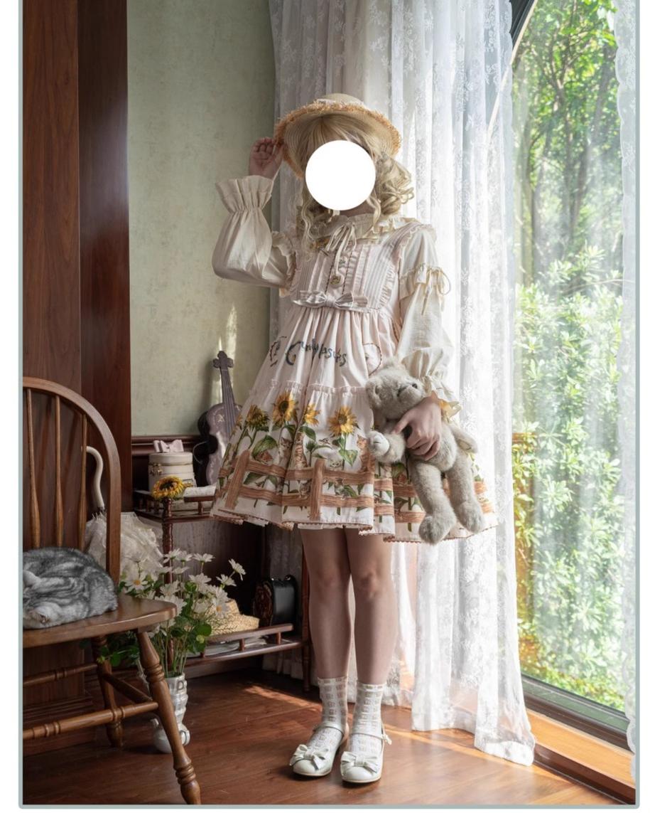 Polaris Lolita - Cat and Sunflower - Sweet Lolita JSK Cat and Sunflower Print Dress and Headdress Set