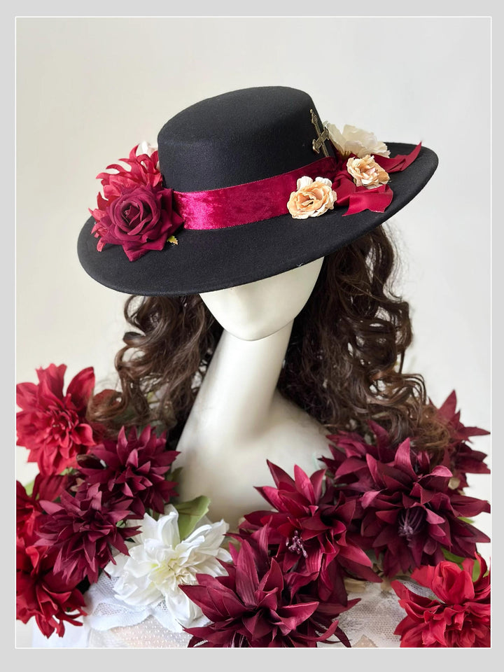 (BFM)Dark Star~Moonlight Sigh~Gothic Lolita Heart BNT Brooch Hat Lolita Accessories Black Handmade Top Hat Free size 