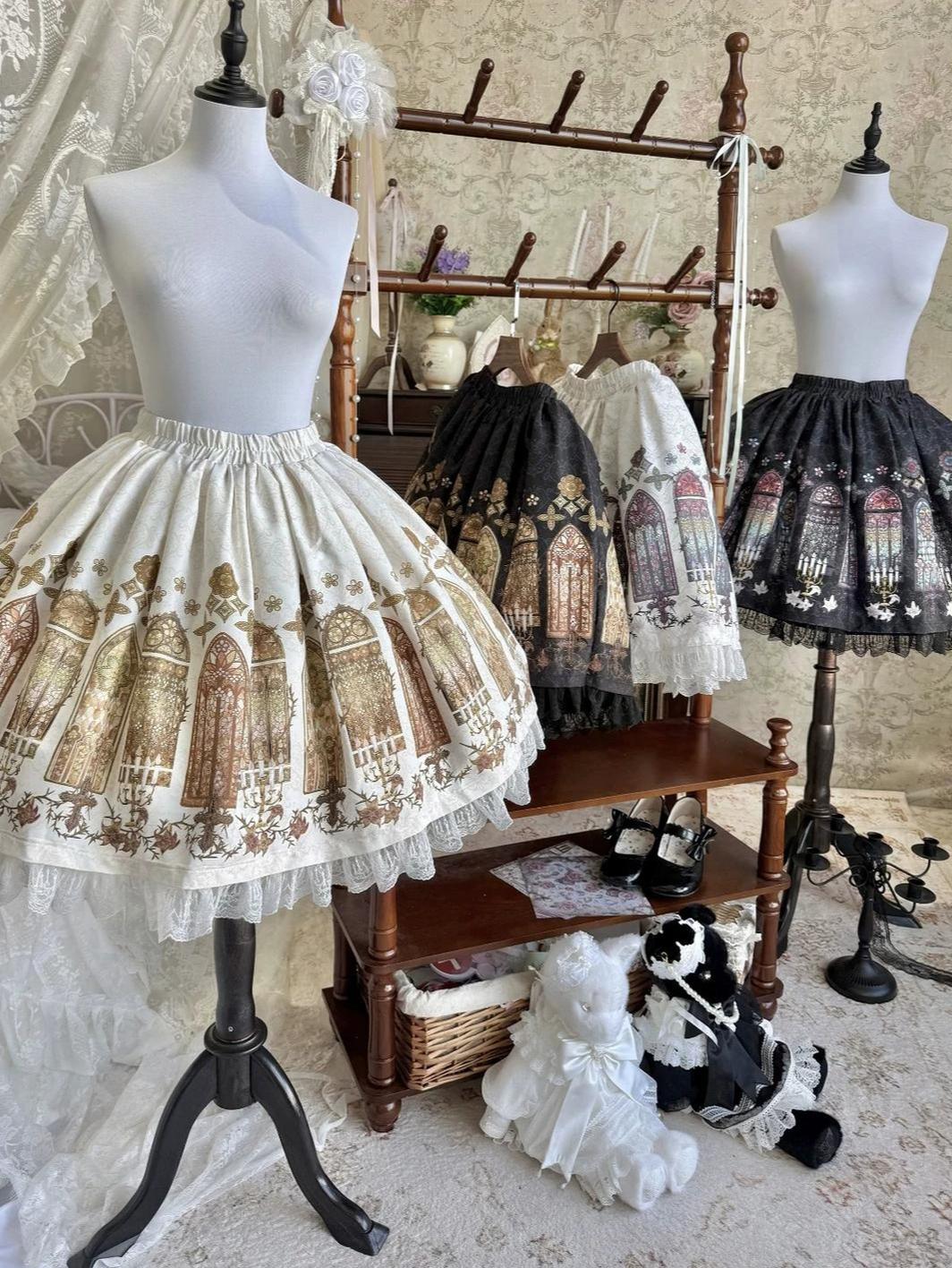 Temple Stained Glass - Gothic Lolita Stained Glass Printed SK, Elastic Waist 45770:861926