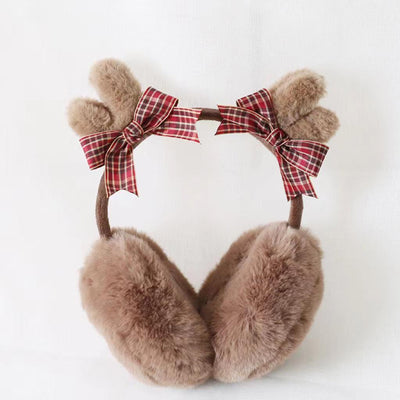 Xiaogui~Christmas Lolita Earmuffs Antlers Ear Protectors Winter Earflap Dark Red Checkerboard (Khaki Deer Horn Ear Earflaps)  