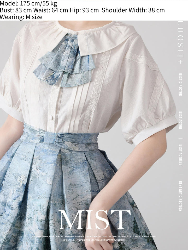MIST~Spring Retro~Cotton Kawaii Lolita Shirt with Ruffled Neck and Lace Detail 42777:753220