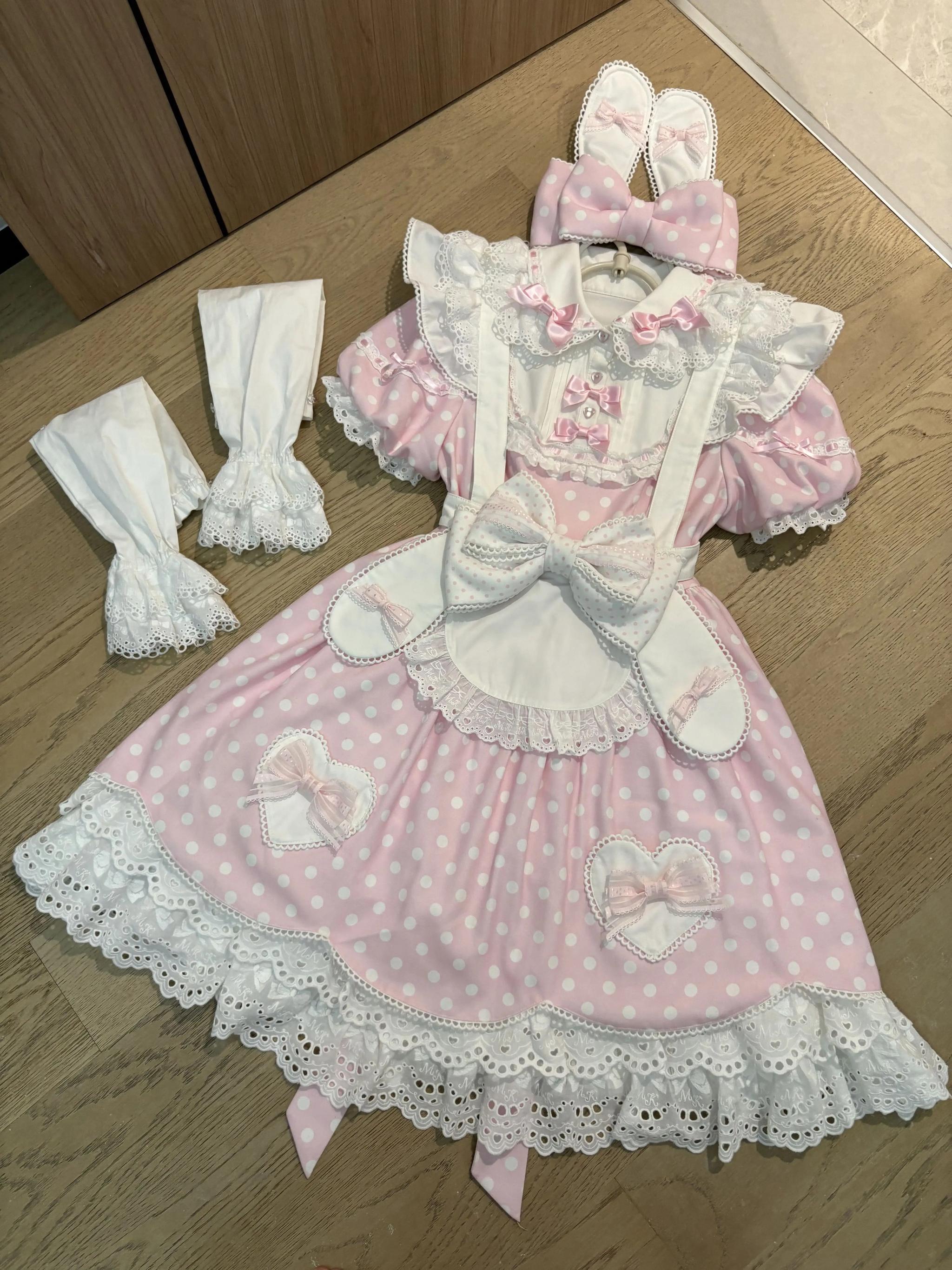 Bunny Kissaten - Four Colors Old School Lolita Polka Dot OP, Bunny Ear Apron (L M S XL XS) 45824:864369