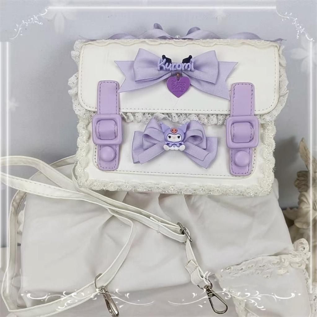 Cocoa Jam~Sweet Cute Lolita Cambridge Bag Lolita Satchel Shoulder Bag Purple white with standard leather strap  