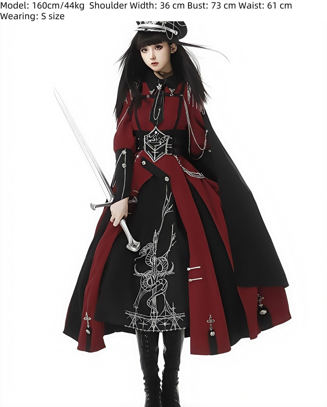 CHUNLV LOLITA~Crimson Knight~Military Lolita Dress Outfit Red OP Black Cloak Waistband