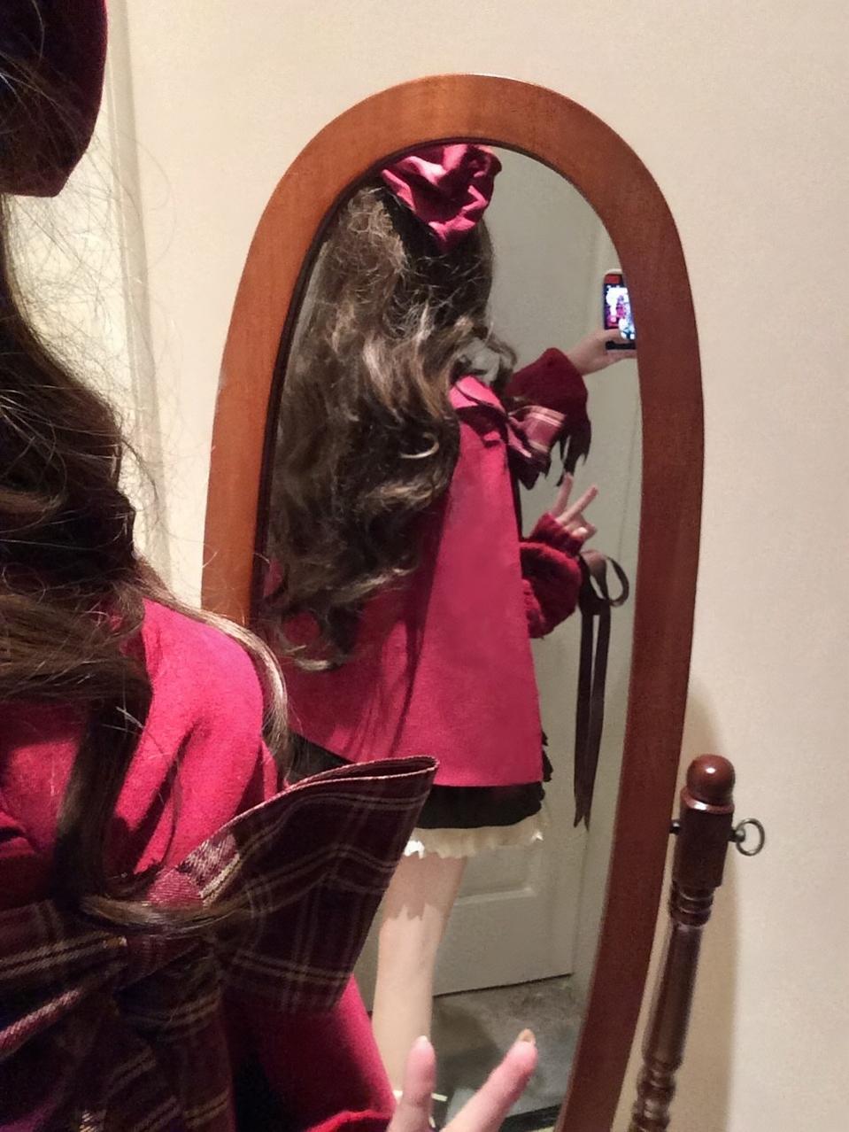 Christmas Lolita Wine Red Cape Coat, Bunny Ear & Plaid Bow