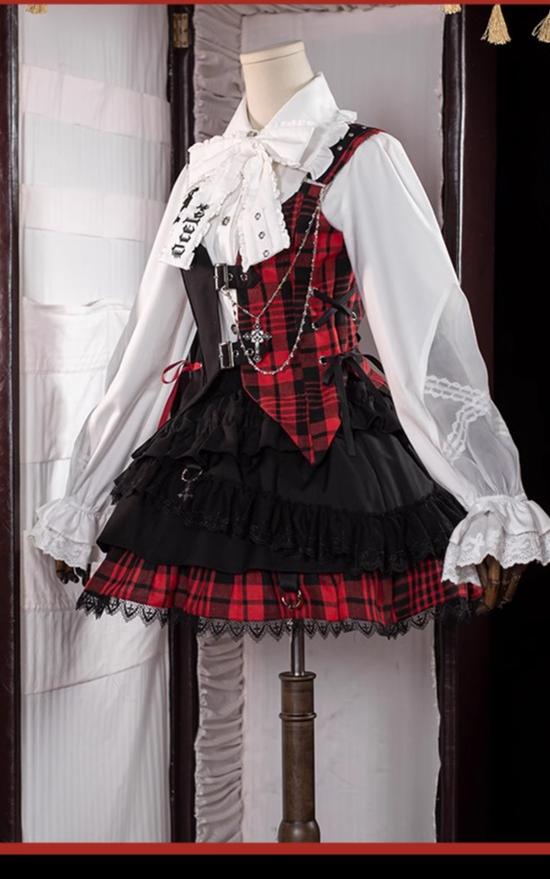 OCELOT~Kalila~Punk Lolita Dress Set Plaid Shorts Set S Red and Black Plaid- Dress FS Complete Set 