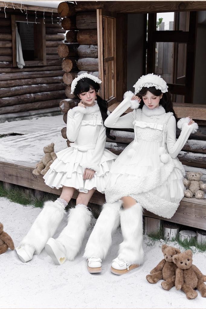 With PUJI - White Choco - Winter Kawaii Lolita JSK Dress Set, Fluffy Accents 44246:801125