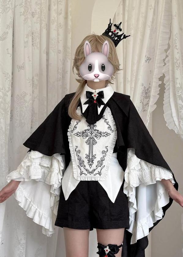 Sloth of Seven Deadly Sins - Ouji Lolita Hime Sleeve Blouse & Shorts Set, Cross Embroidery Blouse + Front Panel + Bow Tie + Cape + Shorts S