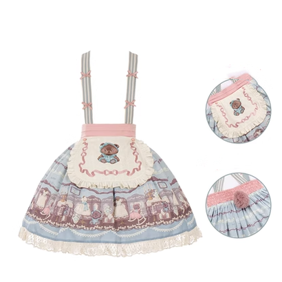 With Puji~Brown Doll House~Kawaii Lolita Brown Print JSK and OP Dress S blue-green SK + beige apron 