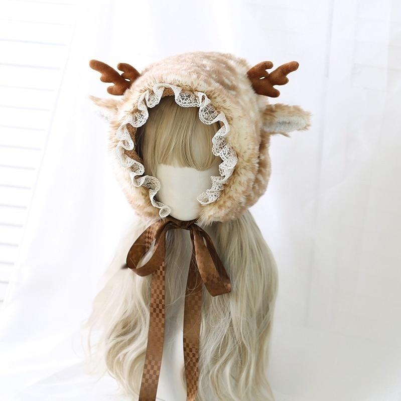 Xiaogui~Deer Spot~Japanese Kawaii Lolita Hat Cute Antler Fleece Lei Feng Hat   