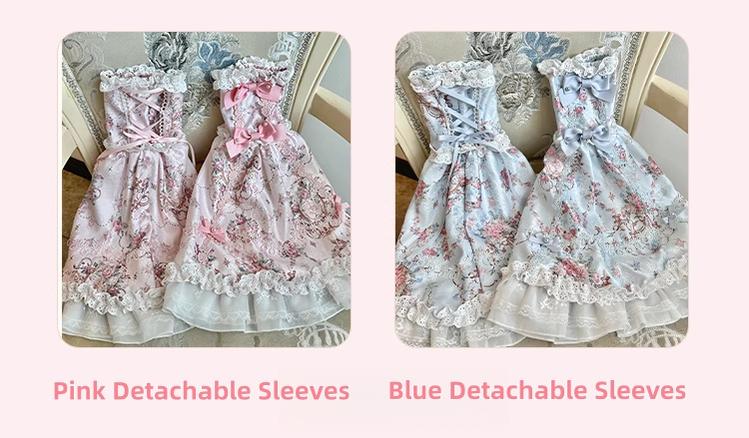 Mengfuzi - Flower in the Mirror - Floral Printed Old School Lolita Accessory Set (Blue Pink) 44315:802751