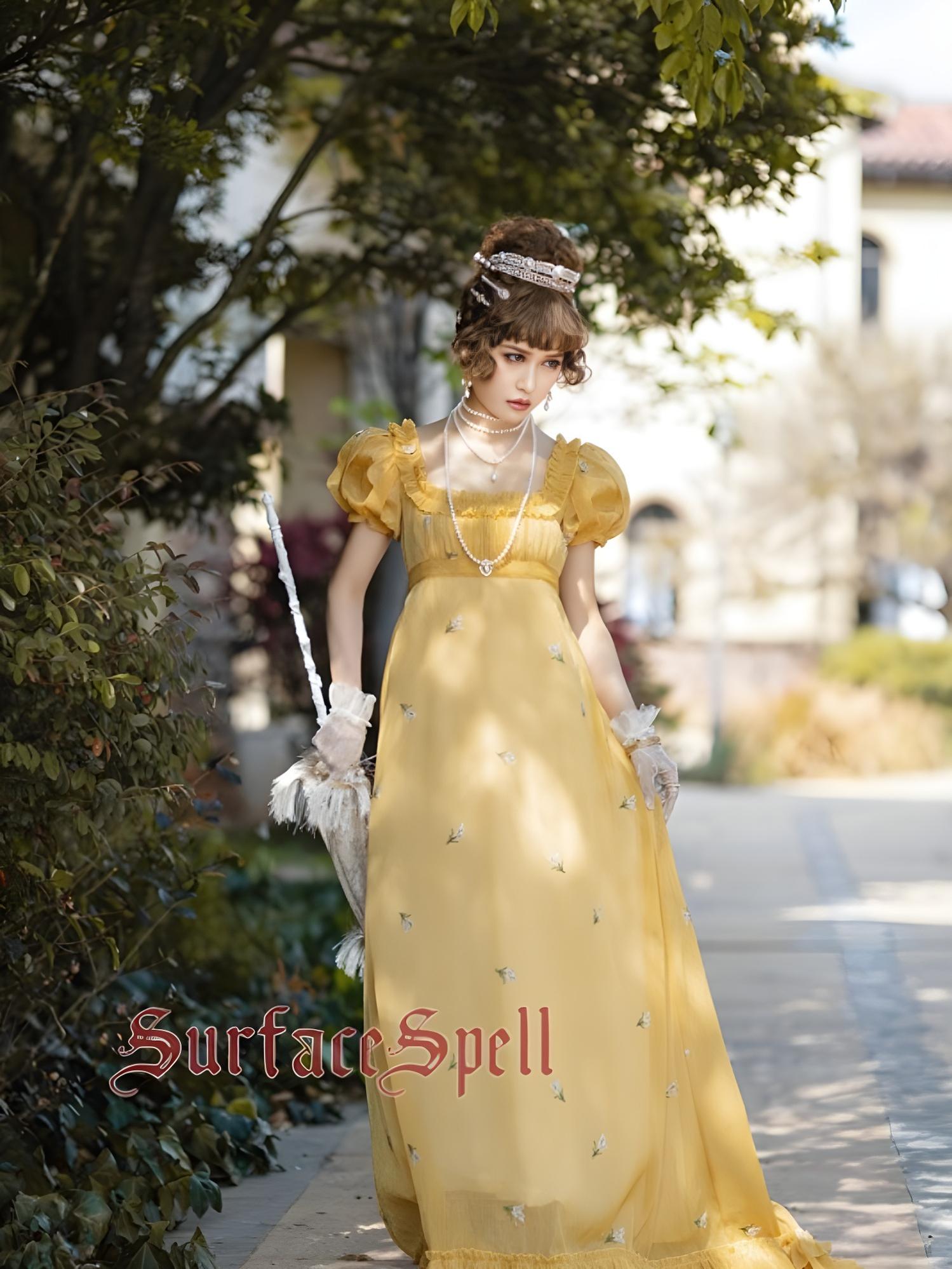 Surface Spell - Spring Rendezvous - Vintage Lolita OP Dress Embroidered Empire Waist Dress S Yellow
