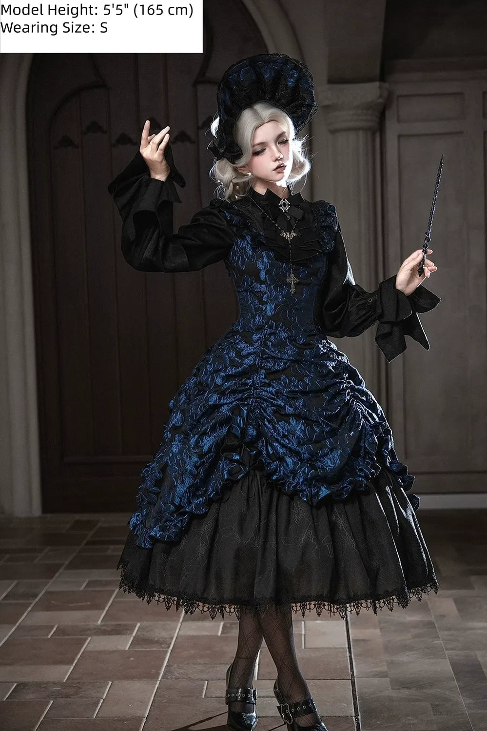 Midnight Lily - Gothic Lolita Lily Jacquard JSK Dress, Drawstring Lift-up Hem 45765:861834