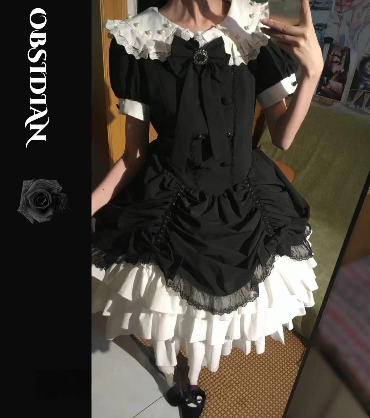 Obsidian - Gothic Lolita OP Dress, Irregular Collar with Pearls 44789:822285