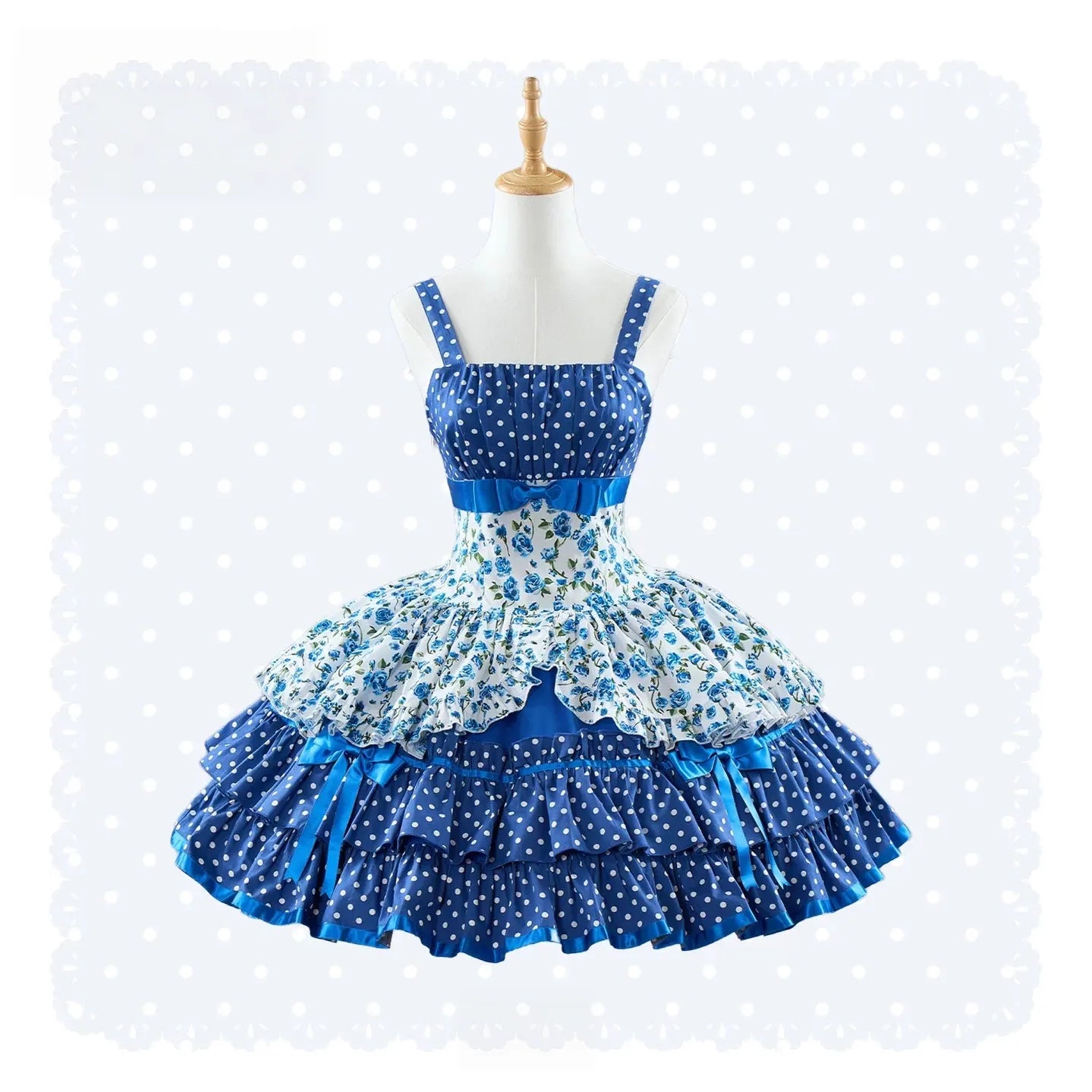 Libobo - Cotton Old School Lolita JSK Dress, Polka Dot & Floral Print 45878:866102