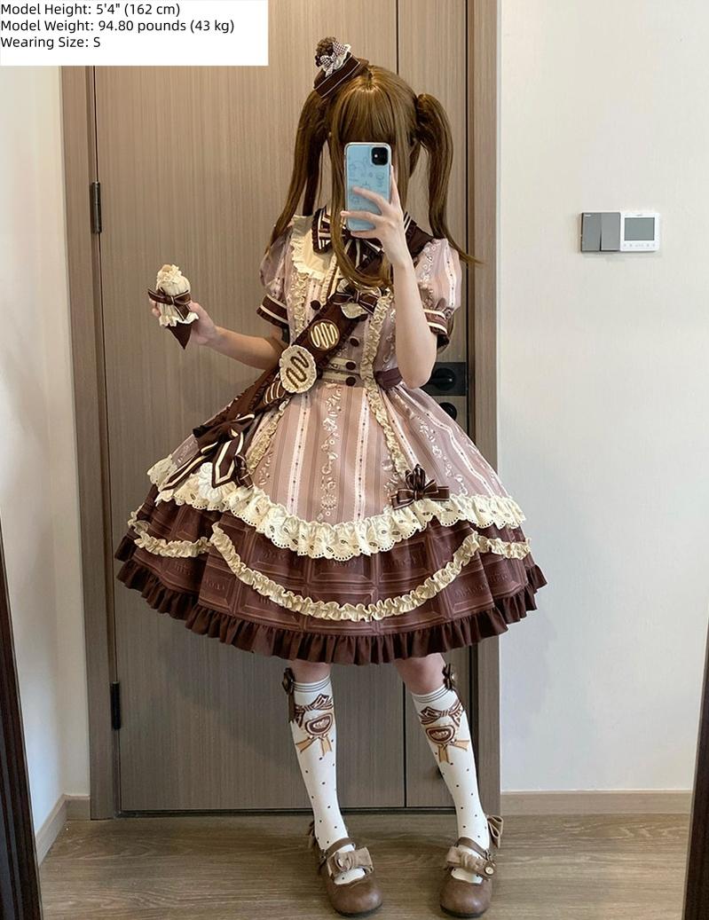 Chocolate Cone - Kawaii Lolita Dessert Print OP Dress, Detachable Sash Set 45782:862685