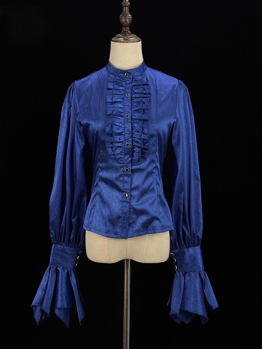Moonnight Return - Stand Collar Ouji Lolita Shirt, Irregular Cuffs (Blue / 2XL L M S XL XS) 44595:816573