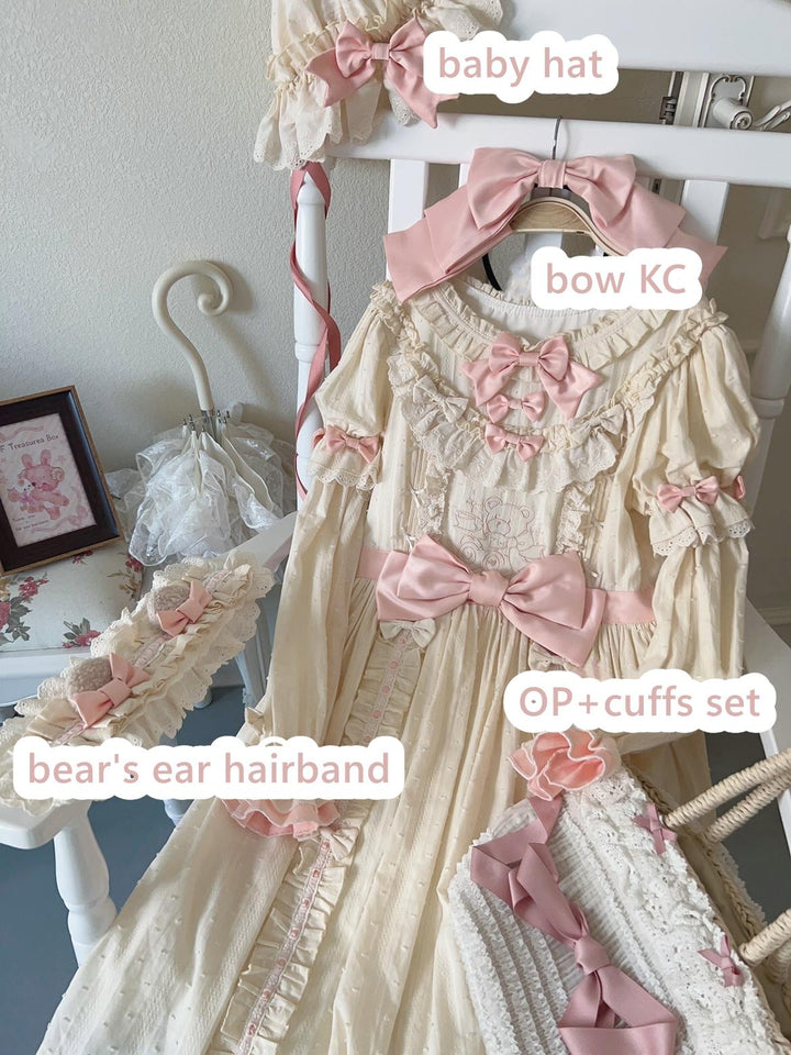 Seventeen Girls~Vintage Sweet Bear~Sweet Lolita OP Fullset Lolita Headdress cuffs Free size pink-ivory