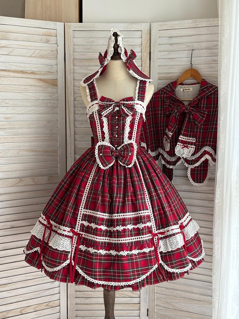 Plaid Petal Bunny - Old School Lolita Plaid JSK Dress, Side Pockets (Red-plaid / 2XL L M S XL XS) 44674:818483