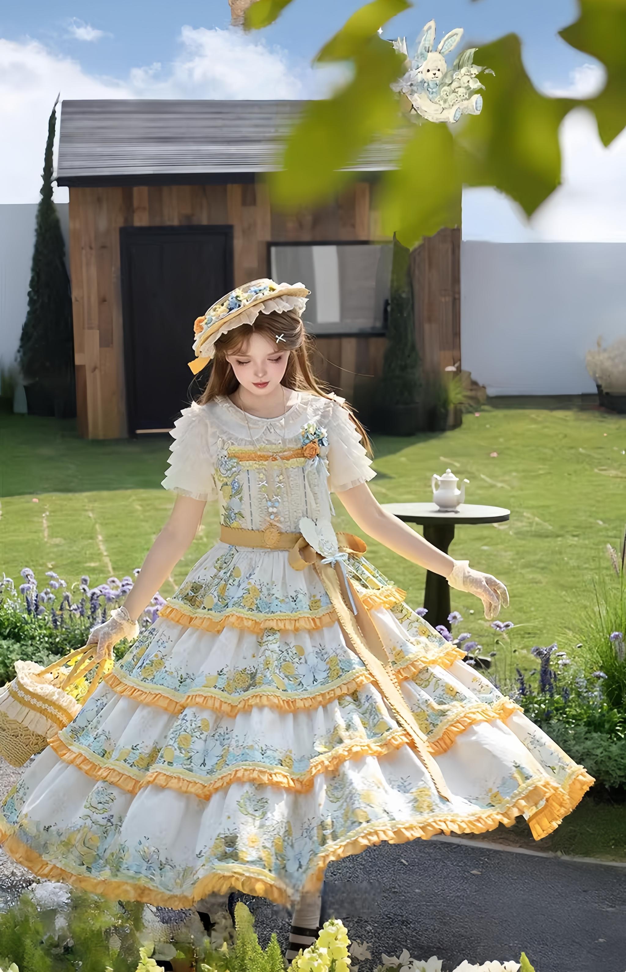 Flower Rabbit Bear - Country Lolita Tiered Skirt Dress, Floral & Bear Print