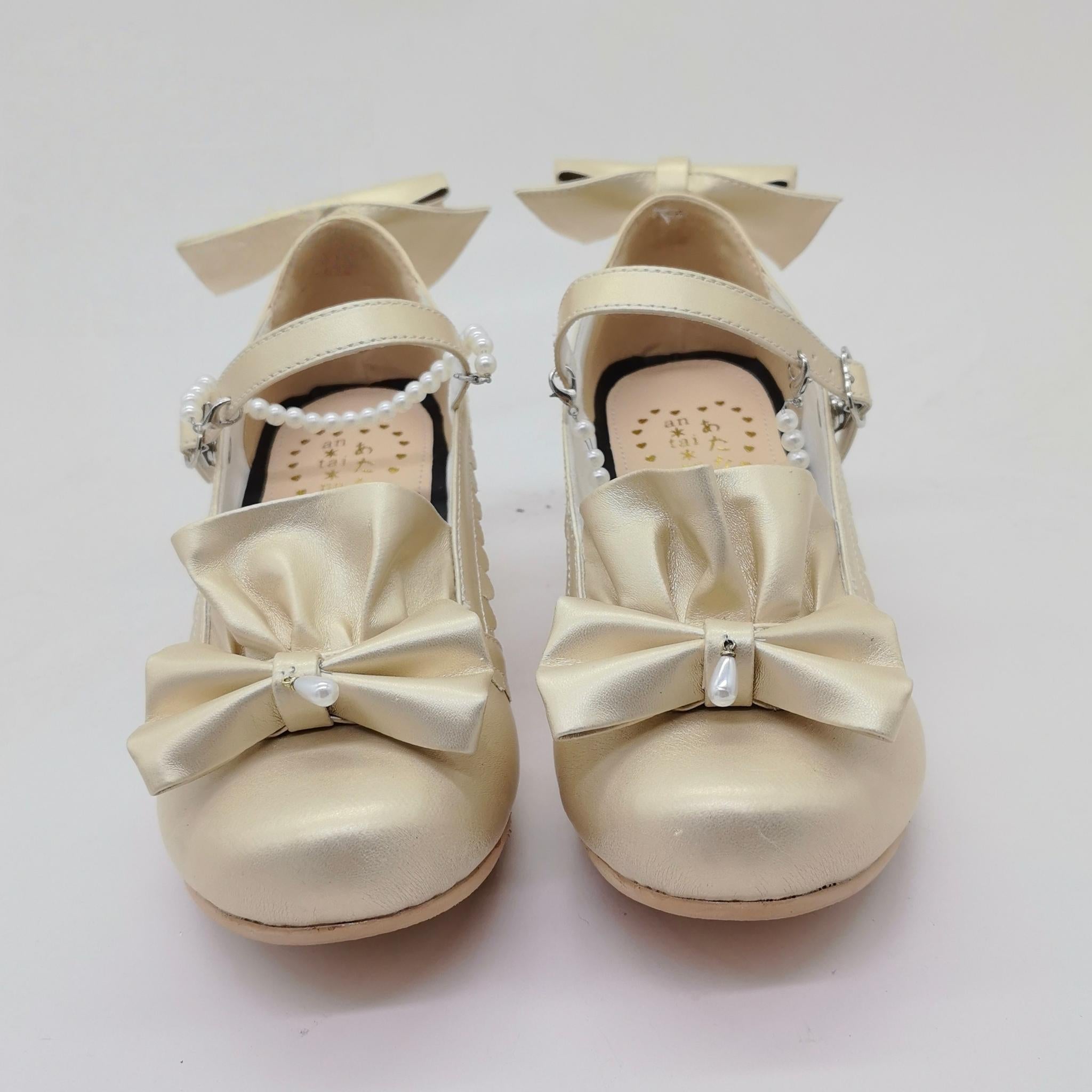 Custom Color Lolita Heels Shoes, Detachable Pearl Chain Light Golden 32
