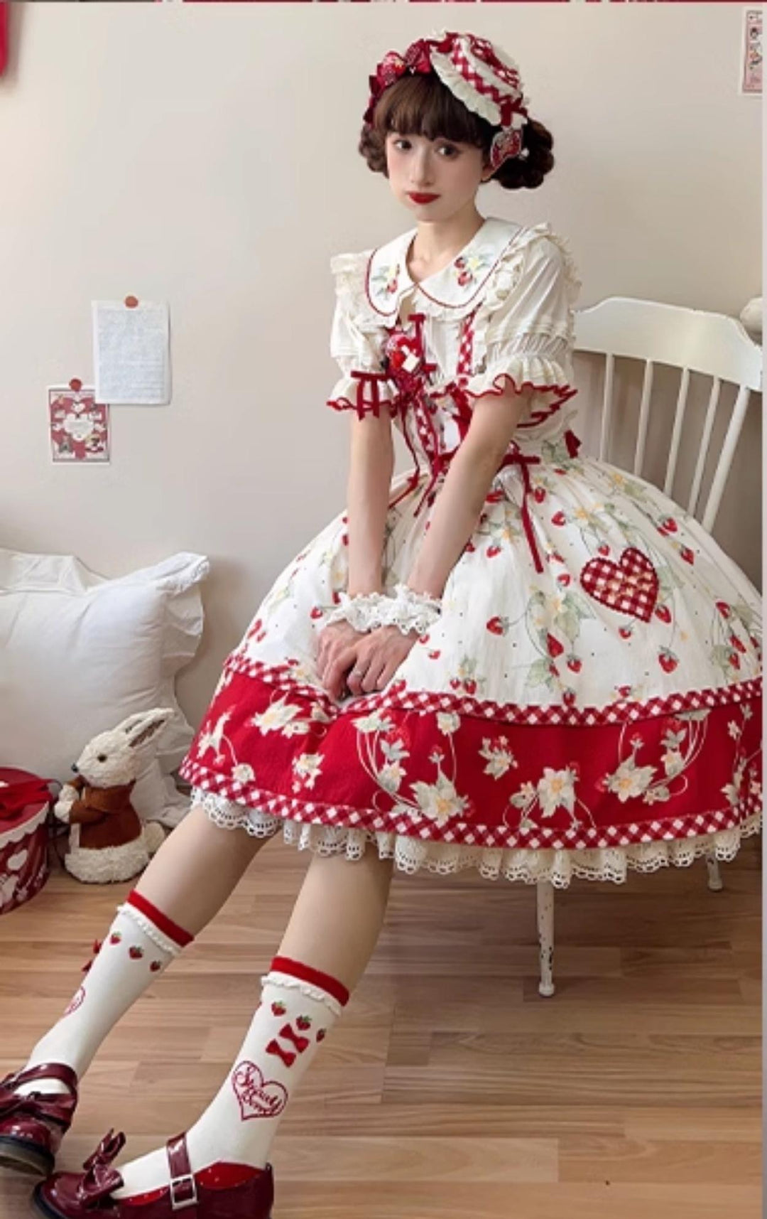 Baozizhu~Sweet Lolita Shirt Strawberry Embroidery Ivory Blouse   