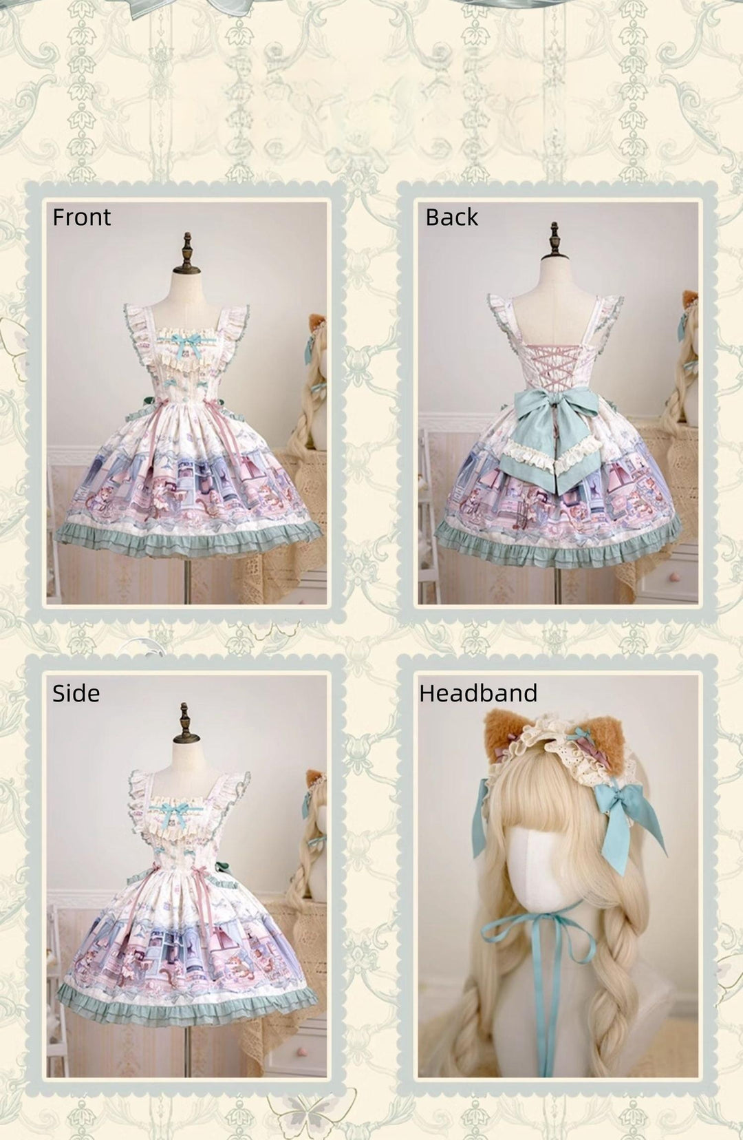 Baduoni~Dream Core Childhood~Kitty Printed Sweet Lolita JSK with Cute Headband